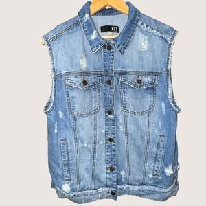 KUT From The Kloth 90s Retro Distressed Denim Vest  Sleeveless Raw Hem Grunge M